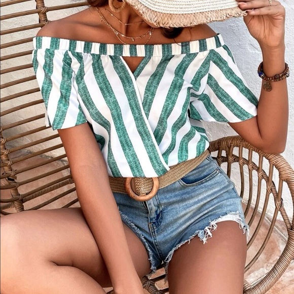 Stripe Off Shoulder Cut Out overlap Butterfly Sleeve Blouse Top Green - Picture 1 of 12
